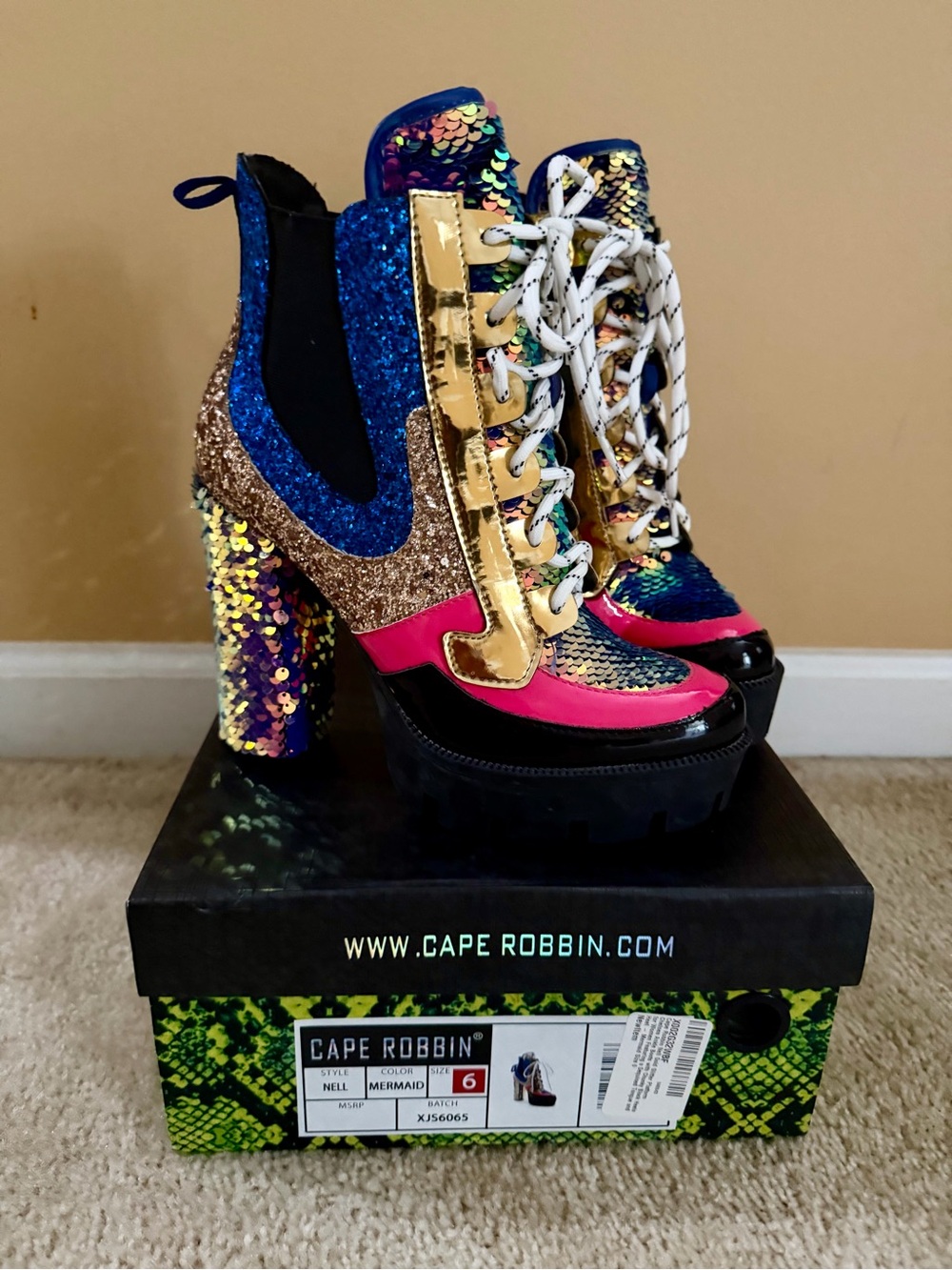 NIBCape Robbin Mermaid Sequined Platform Lace-Up Heeled Boots - Gold, Blue, Pink